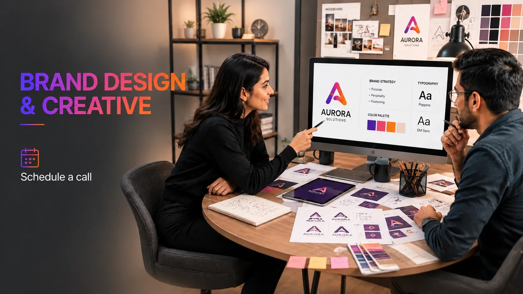 Brand design and creative consultation reviewing logo concepts, typography and a brand colour palette.
