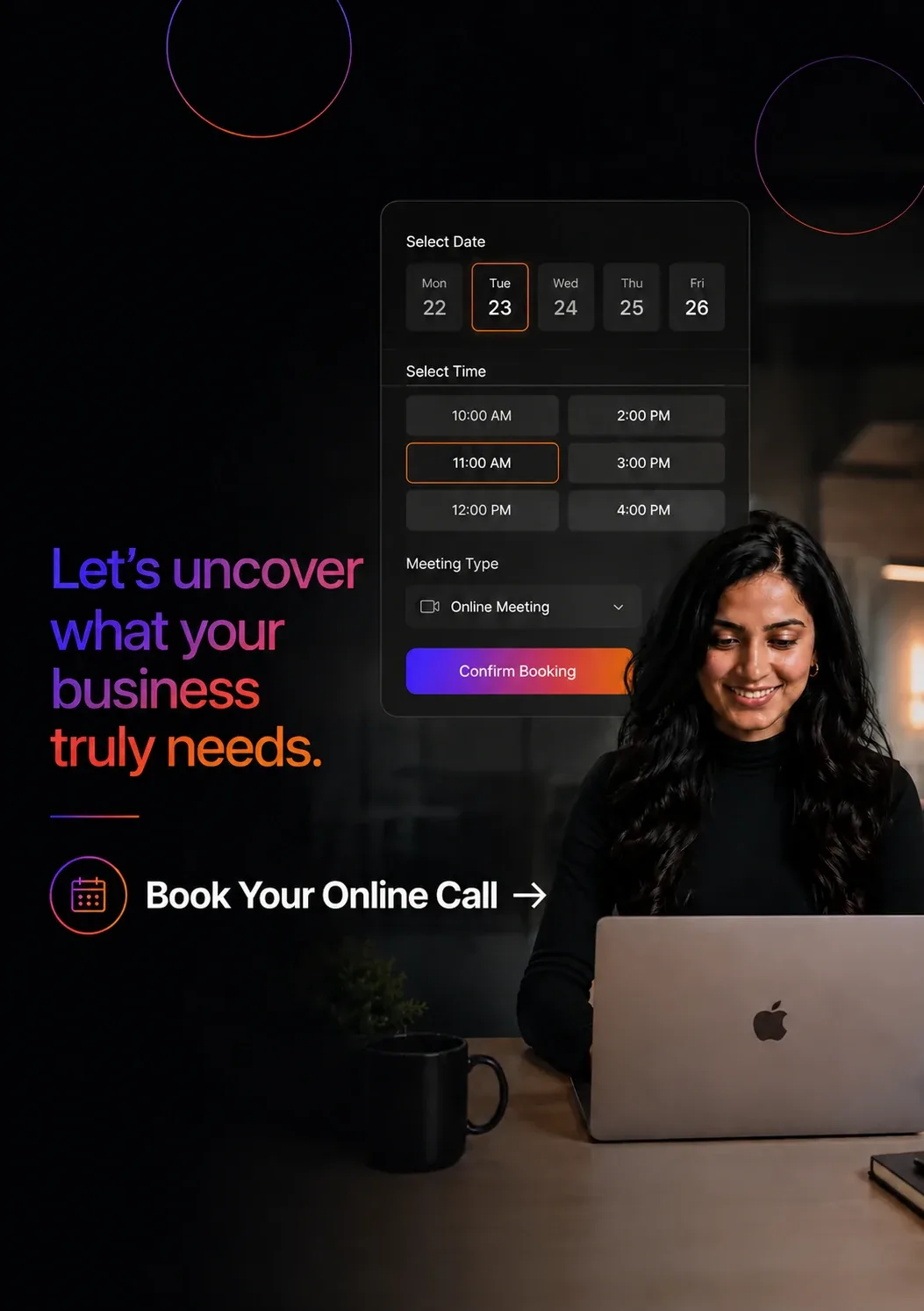 Online discovery-call artwork featuring a consultant, booking calendar and meeting controls.