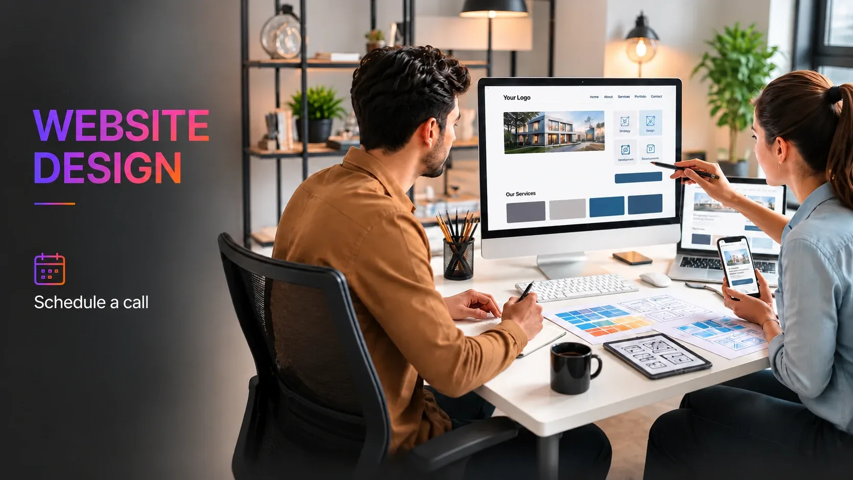 Website design consultation reviewing responsive desktop and mobile layouts with wireframes.