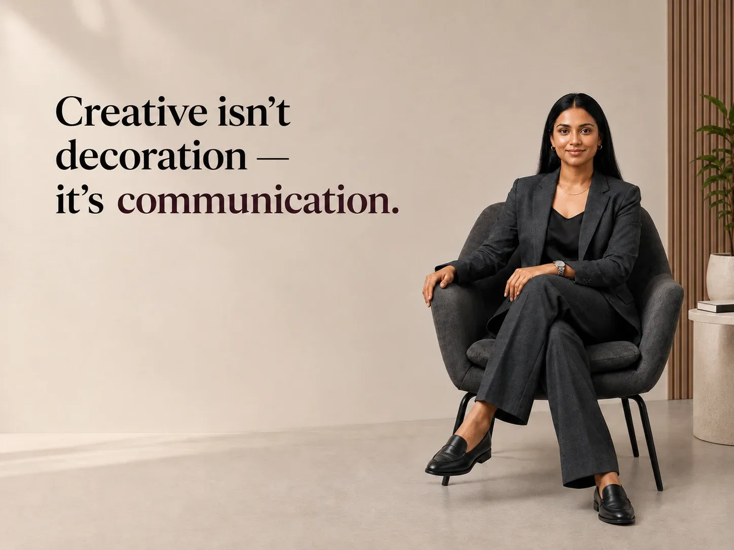 A seated creative professional beside the message: Creative isn’t decoration — it’s communication, with brand identity, campaign, social and print applications.