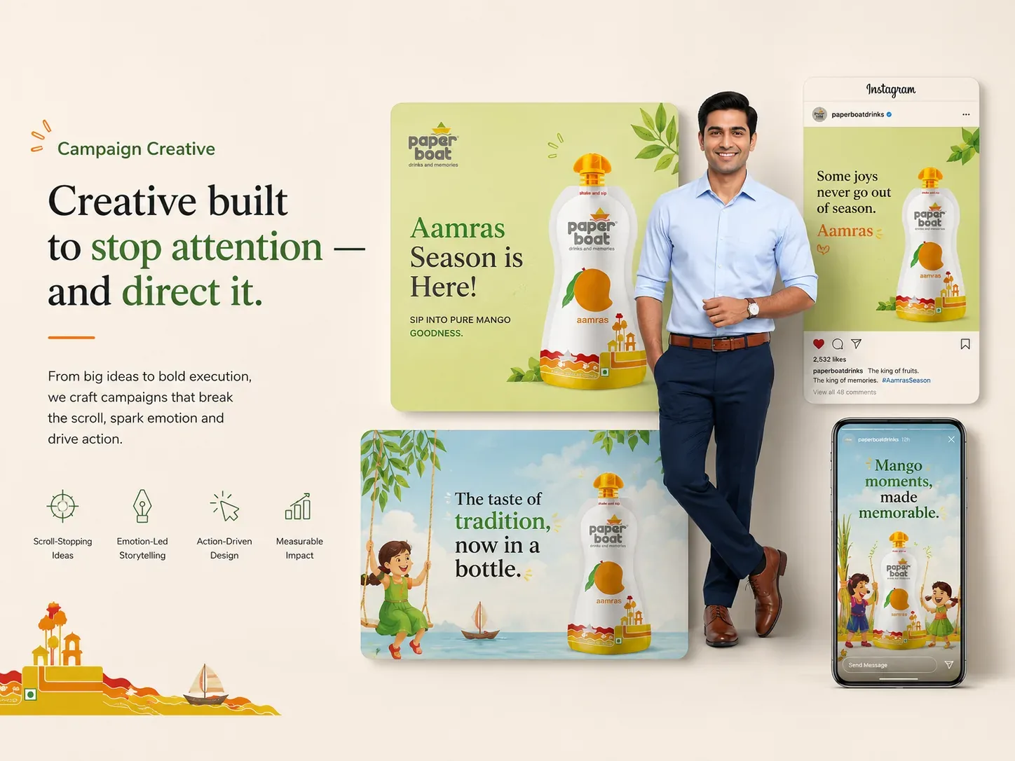Campaign concept showing a model alongside Paper Boat product ads, social posts and story mockups.