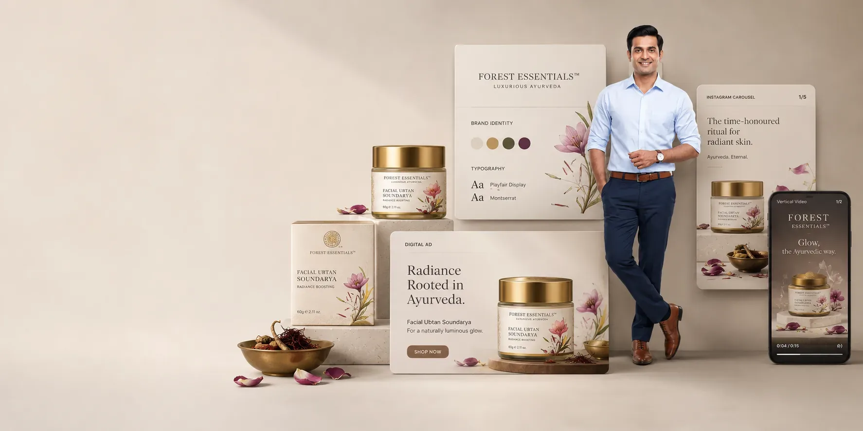 A model alongside Forest Essentials brand identity, packaging, social, digital-ad and vertical-video concept mockups.