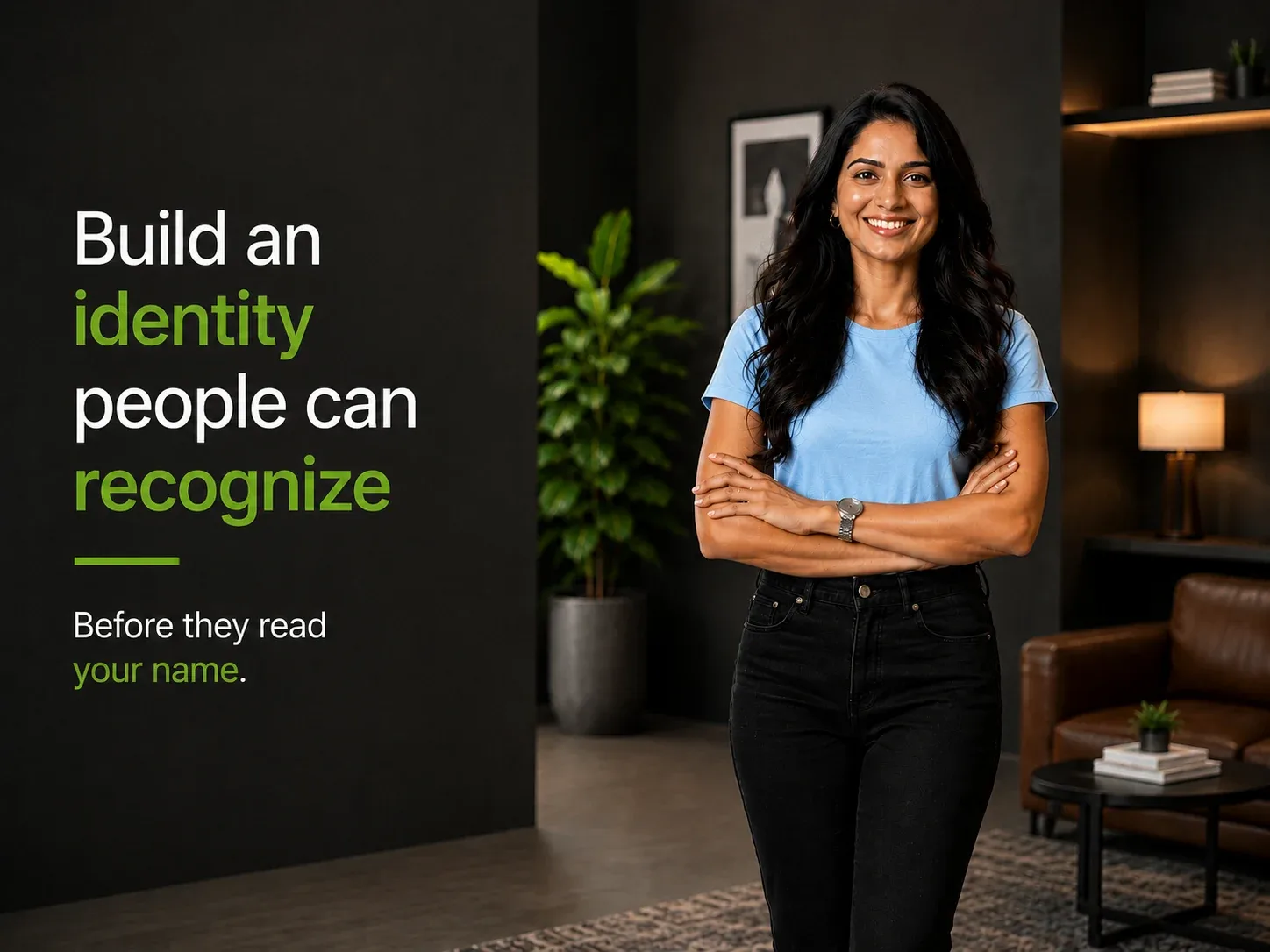 Brand identity creative featuring a model and a message about recognition, trust and preference.
