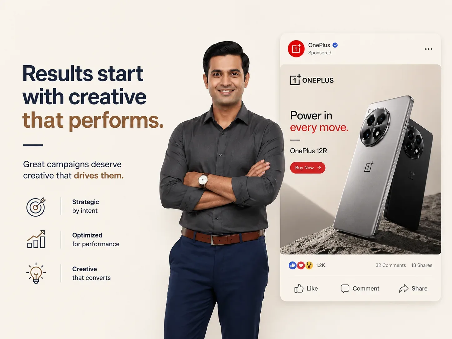 Performance creative concept featuring a model beside a OnePlus sponsored-ad mockup.