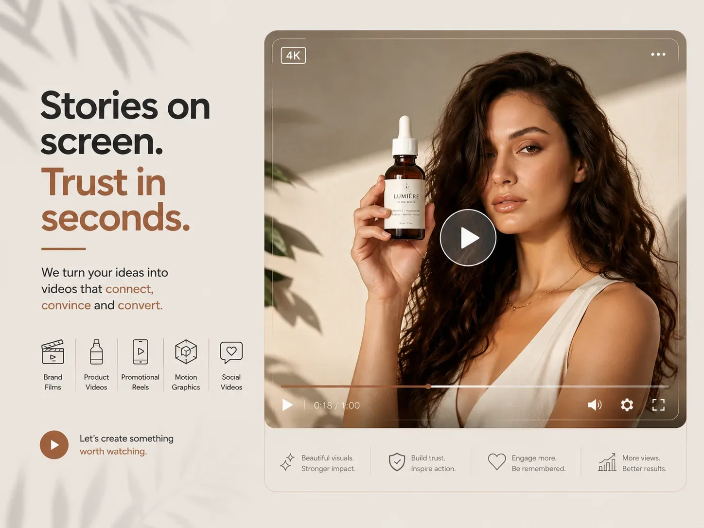 Static video creative concept featuring a model holding skincare serum in a video-player mockup.