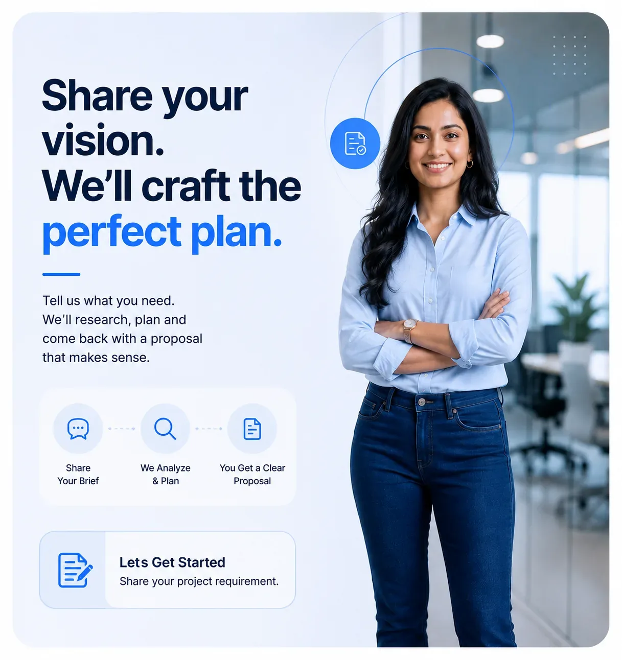 Proposal briefing artwork featuring a consultant and a clear three-step planning process.