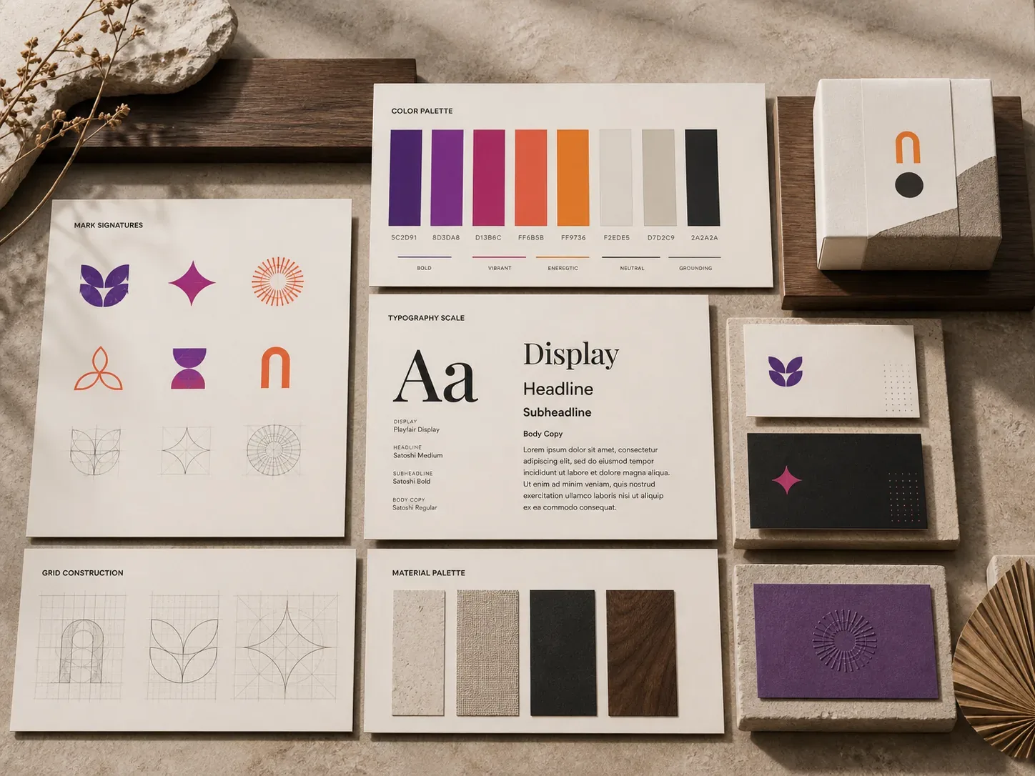 Brand identity system with logo marks, color palette and typography