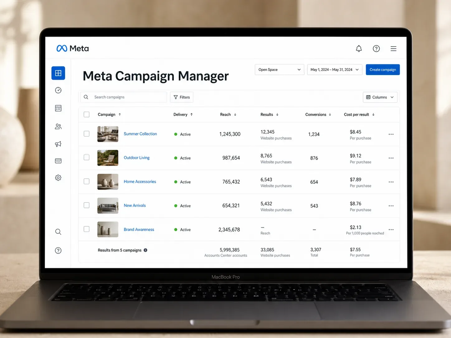 Meta Campaign Manager dashboard displayed on a laptop