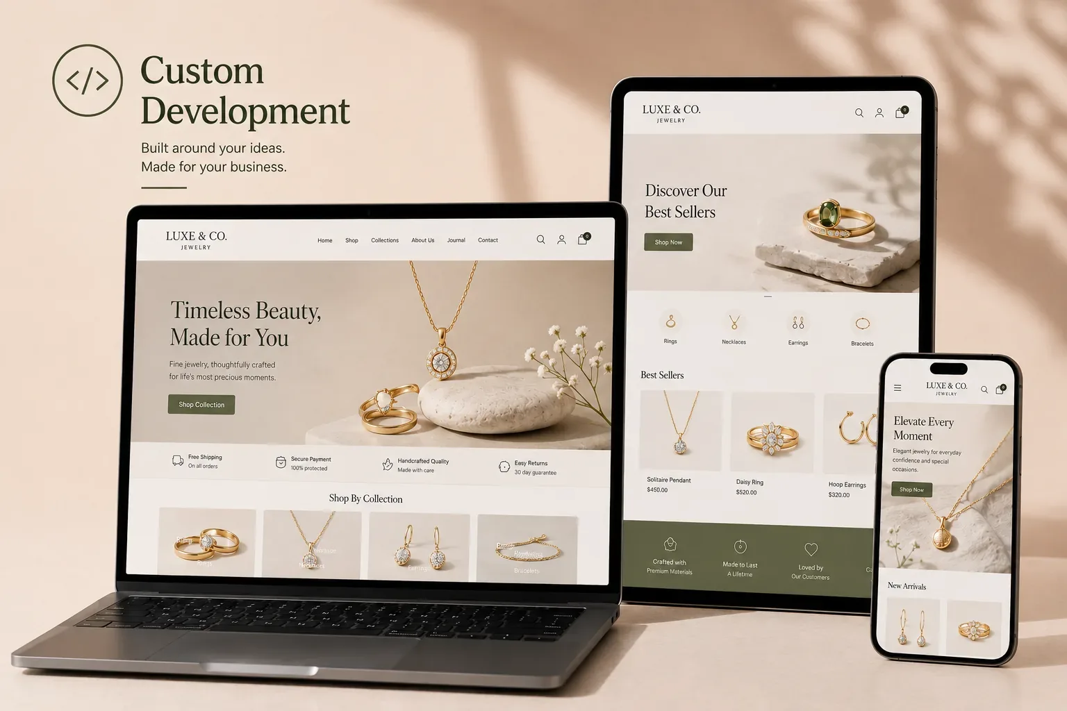 Custom eCommerce website displayed across laptop, tablet and mobile screens