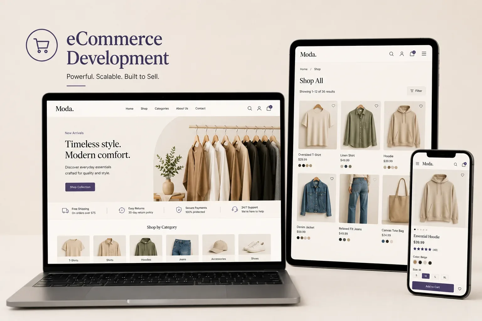 Responsive eCommerce storefront displayed across laptop, tablet and mobile screens