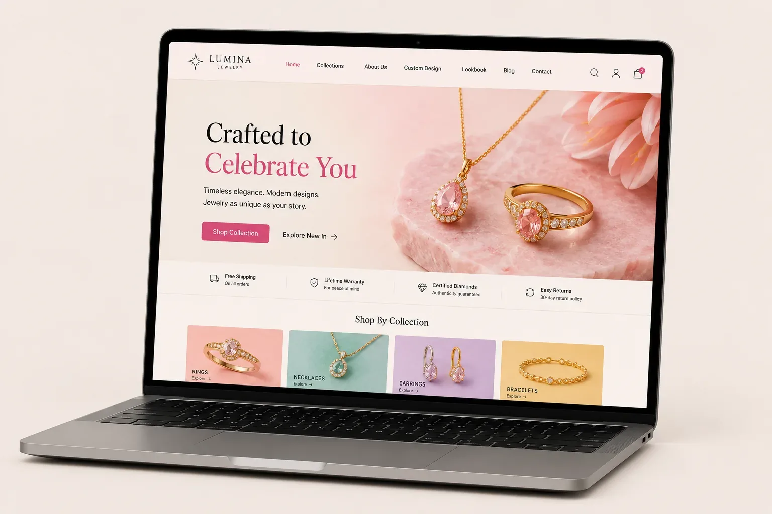 Lumina jewellery website redesign concept displayed on a laptop with product photography and collection cards.
