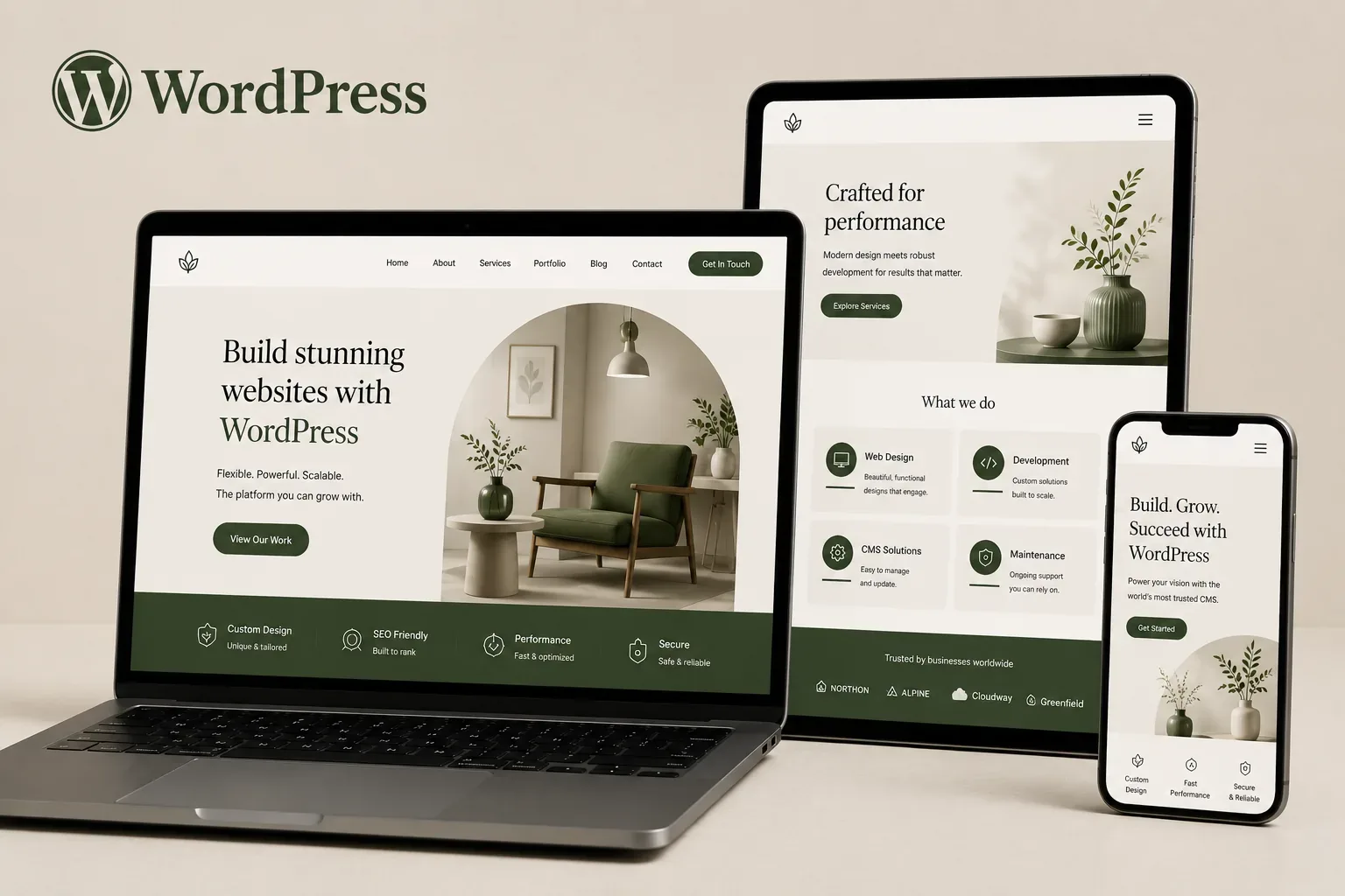 Responsive WordPress website displayed across laptop, tablet and mobile screens